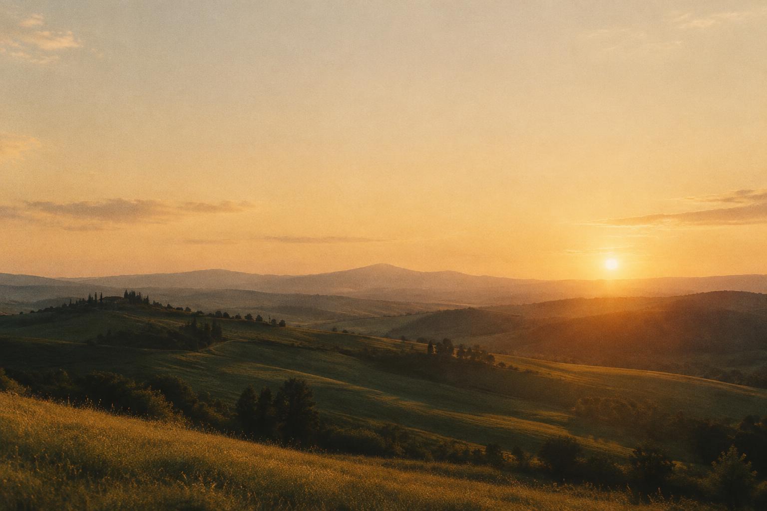Golden hour over rolling hills — the long view